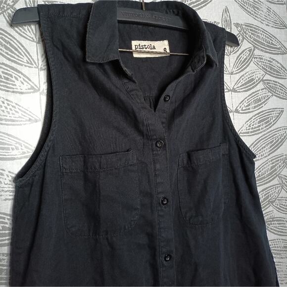 Pistola Sleeveless Tunic Top Button Down Split Sides Black Neutral - Picture 2 of 6